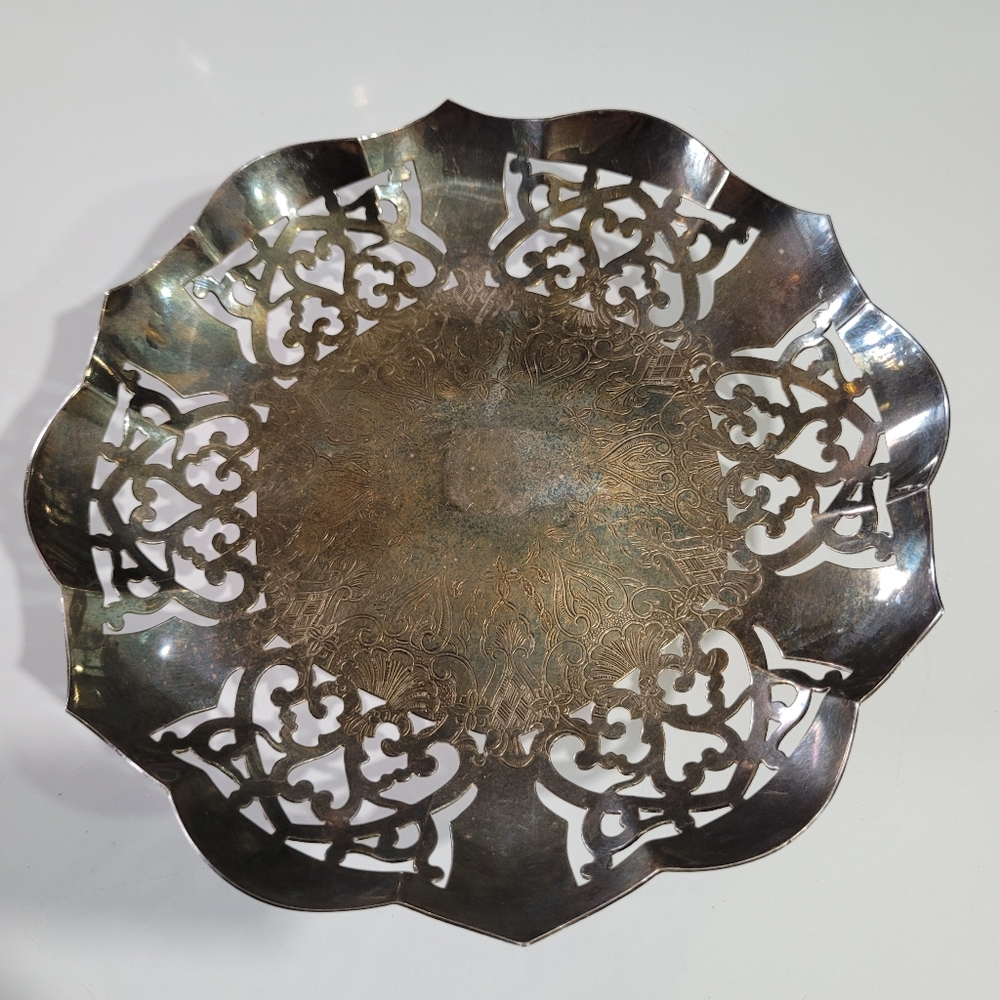 Vintage Silver Plated Pierced Footed Candy Dish